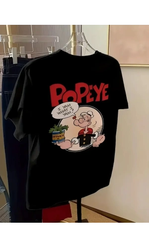 Erkek Oversize Tişörtü  Popeye the Sailor Retro Vintage Ispanak | Hediye olarak idealdir, farklı boyutları mevcuttur. - Siyah