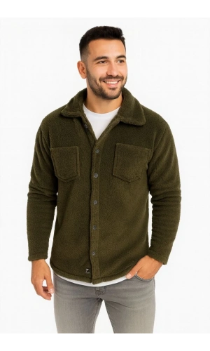 Erkek Pelüş Polar Hırka Gömlek – Yakalı, İlik Düğmeli, Göğüs Cepli, Yumuşak Dokulu Kışlık Regular Fit Rahat Günlük Model - Haki