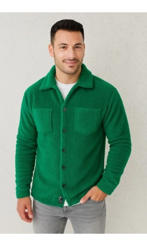 Erkek Pelüş Polar Hırka Gömlek – Yakalı, İlik Düğmeli, Göğüs Cepli, Yumuşak Dokulu Kışlık Regular Fit Rahat Günlük Model - Çimen Yeşili