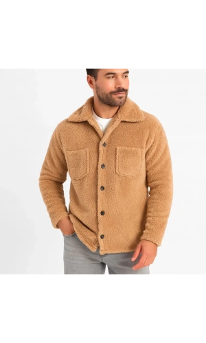 Erkek Pelüş Polar Hırka Gömlek – Yakalı, İlik Düğmeli, Göğüs Cepli, Yumuşak Dokulu Kışlık Regular Fit Rahat Günlük Model - Açık Kahve