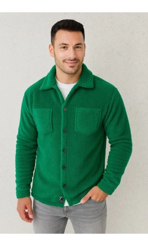 Erkek Pelüş Polar Hırka Gömlek – Yakalı, İlik Düğmeli, Göğüs Cepli, Yumuşak Dokulu Kışlık Regular Fit Rahat Günlük Model - Çimen Yeşili