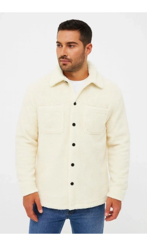 Erkek Pelüş Polar Hırka Gömlek – Yakalı, İlik Düğmeli, Göğüs Cepli, Yumuşak Dokulu Kışlık Regular Fit Rahat Günlük Model - Beyaz