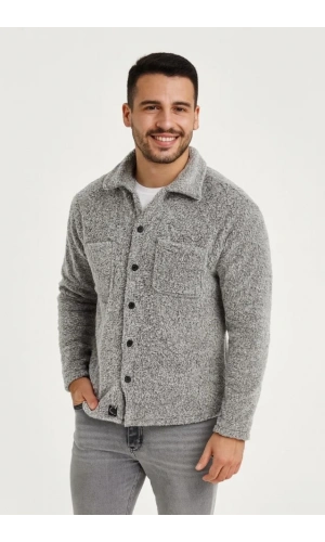 Erkek Pelüş Polar Hırka Gömlek – Yakalı, İlik Düğmeli, Göğüs Cepli, Yumuşak Dokulu Kışlık Regular Fit Rahat Günlük Model - Gri