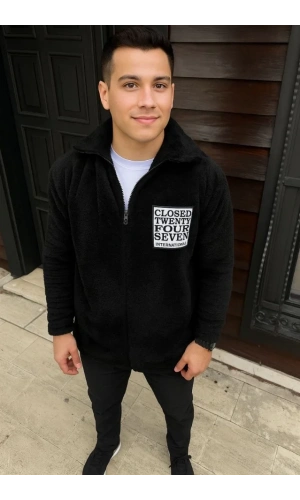 Erkek Polar Fermuarlı Sweatshirt – Kapüşonsuz, Cepli, Yumuşak Dokulu, Oversize Rahat Kalıp, Kışlık Sıcak Tutan Fermuarlı Üst - Siyah