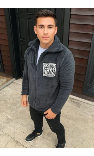 Erkek Polar Fermuarlı Sweatshirt – Kapüşonsuz, Cepli, Yumuşak Dokulu, Oversize Rahat Kalıp, Kışlık Sıcak Tutan Fermuarlı Üst - Füme