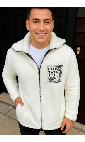 Erkek Polar Fermuarlı Sweatshirt – Kapüşonsuz, Cepli, Yumuşak Dokulu, Oversize Rahat Kalıp, Kışlık Sıcak Tutan Fermuarlı Üst - Beyaz