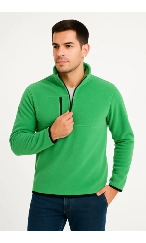 Erkek Polar Kazak – Dik Yaka, Yarım Fermuarlı, Fermuarlı Göğüs Cepli, Siyah Biyeli, Kışlık Rahat Regular Fit Günlük Model - Yeşil