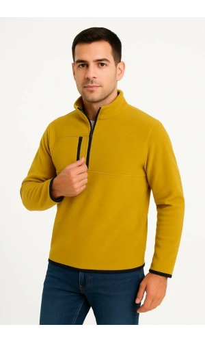 Erkek Polar Kazak – Dik Yaka, Yarım Fermuarlı, Fermuarlı Göğüs Cepli, Siyah Biyeli, Kışlık Rahat Regular Fit Günlük Model - Sarı