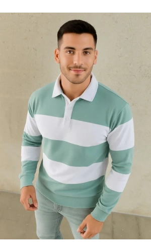 Erkek Polo Yaka Uzun Kollu Çizgili Sweatshirt Trend Rugby Stil - Çağla Yeşili