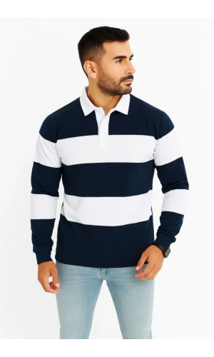 Erkek Polo Yaka Uzun Kollu Çizgili Sweatshirt Trend Rugby Stil - Lacivert
