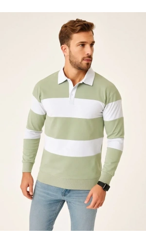 Erkek Polo Yaka Uzun Kollu Çizgili Sweatshirt Trend Rugby Stil - Mint Yeşili