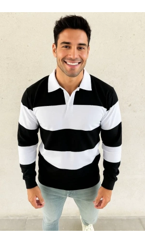 Erkek Polo Yaka Uzun Kollu Çizgili Sweatshirt Trend Rugby Stil - Siyah