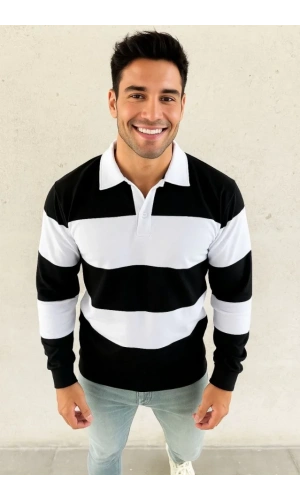 Erkek Polo Yaka Uzun Kollu Çizgili Sweatshirt Trend Rugby Stil - Siyah