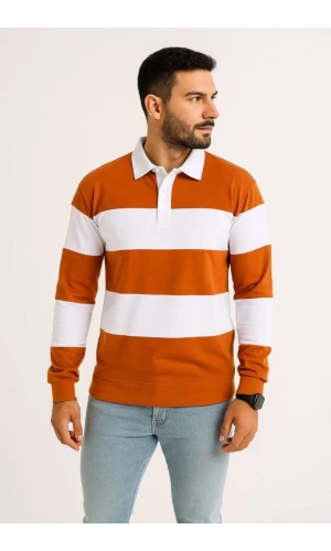 Erkek Polo Yaka Uzun Kollu Çizgili Sweatshirt Trend Rugby Stil - Turuncu