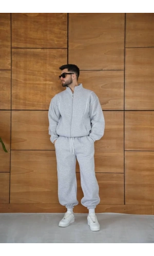 Erkek Premium Parçalı Eşofman Takım - Dik Yaka Fermuarlı Biyeli Sweatshirt Lastik Paça Alt, Oversize 3 iplik Şardonlu - Gri