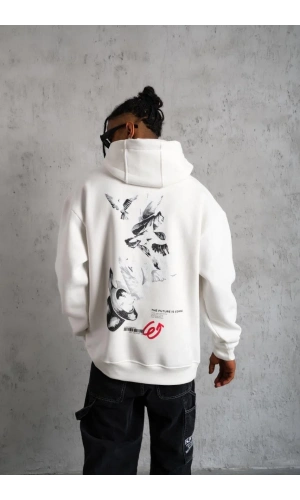 Erkek Şapkalı Güvercin Baskılı Kapşonlu Sweat - Beyaz