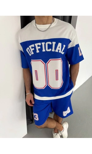 Erkek Şortlu Takım – Oversize İki İplik Kumaş, Ön & Arka Dijital Baskılı Tişört ve Lastikli Cepli Şort, Yazlık Günlük Spor Set - Mavi