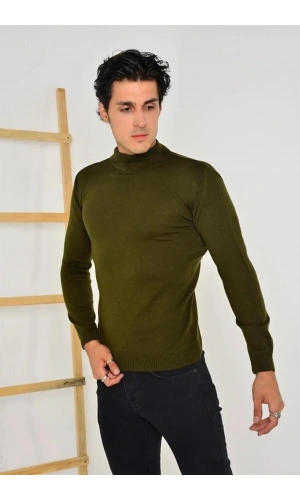 Erkek Tam Balıkçı Yaka Düz Renk Kazak - Yeşil
