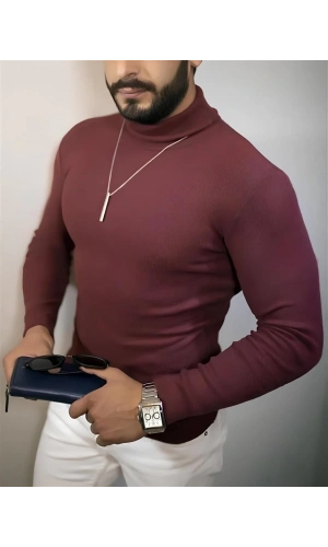 Erkek Tam Boğazlı Fitilli Kaşkorse Triko – Likralı, Extra Dar Kesim Slimfit, Yumuşak Kaşmir Dokulu Model - Bordo