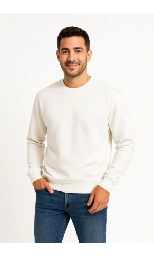 Erkek Üç İplik Düz Bisiklet Yaka SweatShirt - Beyaz