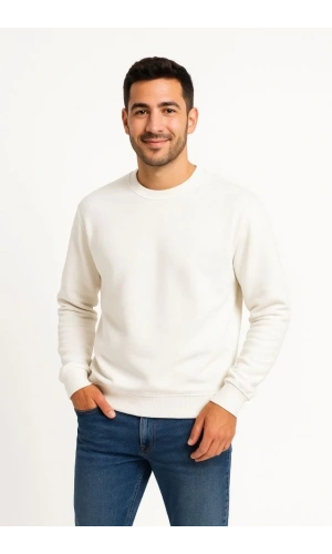 Erkek Üç İplik Düz Bisiklet Yaka SweatShirt - Beyaz