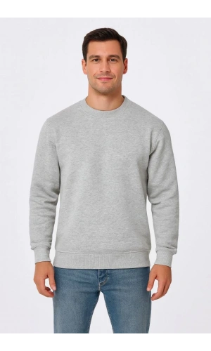 Erkek Üç İplik Düz Bisiklet Yaka SweatShirt - Gri