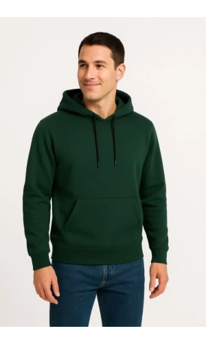 Erkek Üç İplik Kapüşonlu Kanguru Cepli SweatShirt Hoodie - Haki