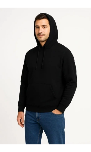 Erkek Üç İplik Kapüşonlu Kanguru Cepli SweatShirt Hoodie - Siyah
