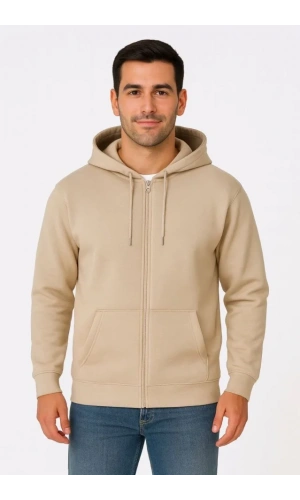 Erkek Üç İplik Kapüşonlu Tam Fermuarlı Kanguru Çepli SweatShirt Hoodie - Bej