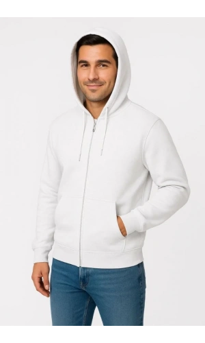 Erkek Üç İplik Kapüşonlu Tam Fermuarlı Kanguru Çepli SweatShirt Hoodie - Beyaz