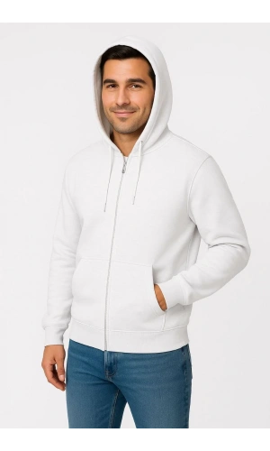 Erkek Üç İplik Kapüşonlu Tam Fermuarlı Kanguru Cepli SweatShirt Hoodie - Beyaz