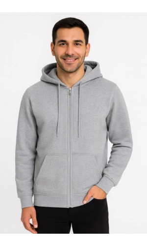 Erkek Üç İplik Kapüşonlu Tam Fermuarlı Kanguru Çepli SweatShirt Hoodie - Gri
