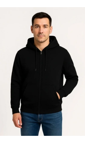 Erkek Üç İplik Kapüşonlu Tam Fermuarlı Kanguru Çepli SweatShirt Hoodie - Siyah