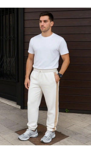Erkek Üç İplik Kışlık Pamuklu Yandan Garneli Kalın Bej Şeritli Cepli Eşofman Altı - Beyaz