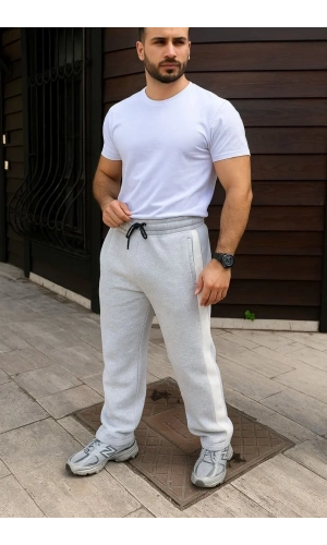 Erkek Üç İplik Kışlık Pamuklu Yandan Garneli Kalın Bej Şeritli Cepli Eşofman Altı - Gri