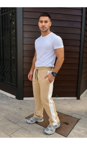 Erkek Üç İplik Kışlık Pamuklu Yandan Garneli Kalın Şeritli Cepli Eşofman Altı - Bej