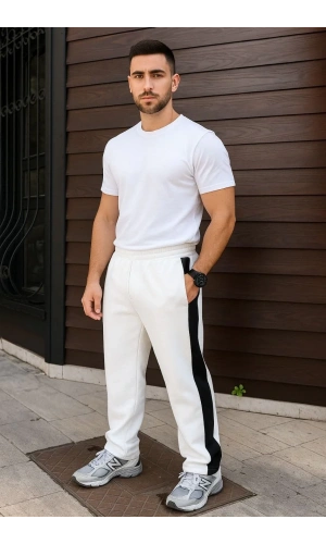 Erkek Üç İplik Kışlık Pamuklu Yandan Garneli Kalın Şeritli Cepli Eşofman Altı - Beyaz