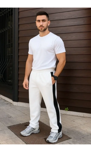 Erkek Üç İplik Kışlık Pamuklu Yandan Garneli Kalın Şeritli Cepli Eşofman Altı - Beyaz