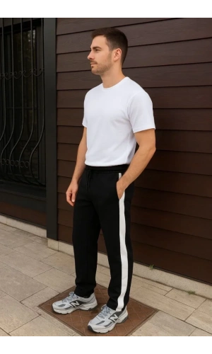 Erkek Üç İplik Kışlık Pamuklu Yandan Garneli Kalın Şeritli Cepli Eşofman Altı - Siyah