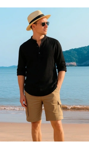 Erkek Uzun Kollu Hakim Yaka Düğmeli Erkek Müslim Gömlek