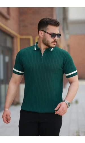 Erkek Yaka Ve Kolları çizgi Detaylı Fermuarlı Kısa Kollu T-shirt