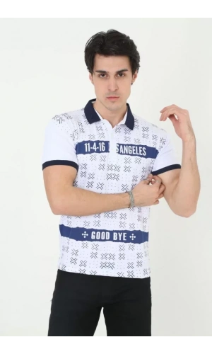 Erkek Yakalı Slim Fit Baskılı T-Shirt - Beyaz