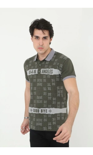Erkek Yakalı Slim Fit Baskılı T-Shirt - Haki