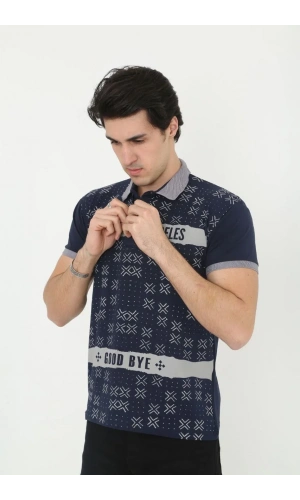 Erkek Yakalı Slim Fit Baskılı T-Shirt - Lacivert