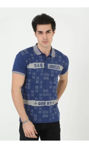 Erkek Yakalı Slim Fit Baskılı T-Shirt - Mavi