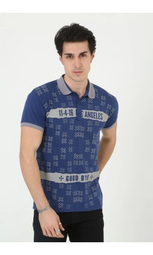 Erkek Yakalı Slim Fit Baskılı T-Shirt - Mavi