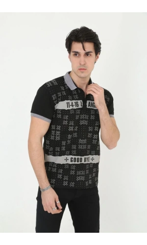Erkek Yakalı Slim Fit Baskılı T-Shirt - Siyah
