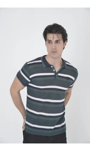 Erkek Yakalı Slim Fit Dokuma Çizgili T-Shirt - Haki
