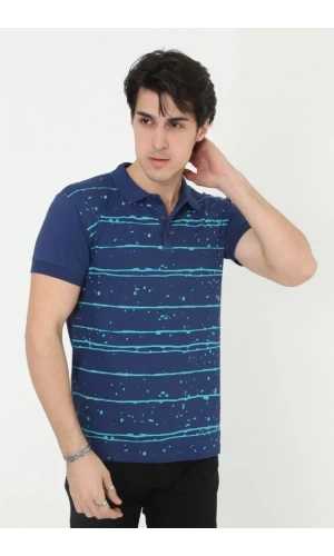 Erkek Yakalı Slim Fit Pike Çizgili T-Shirt - Mavi