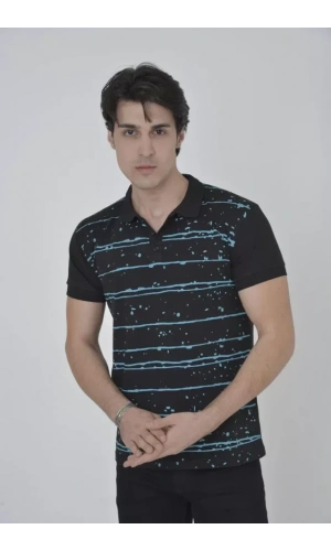 Erkek Yakalı Slim Fit Pike Çizgili T-Shirt - Siyah